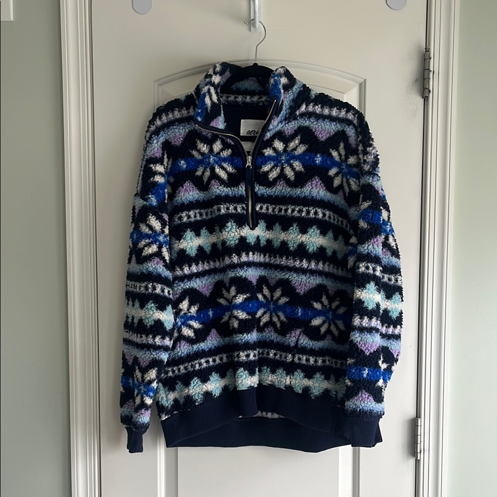 Aerie Blue and Black Hoodie with Nordic Pattern